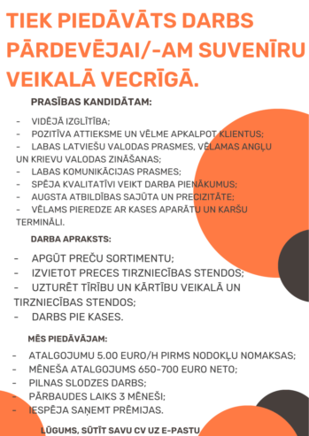 Tiek piedāvāts darbs pārdevējai/-am suvenīru veikalā